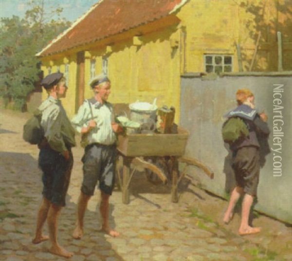 Skoledrenge Oil Painting - Erik Ludwig Henningsen