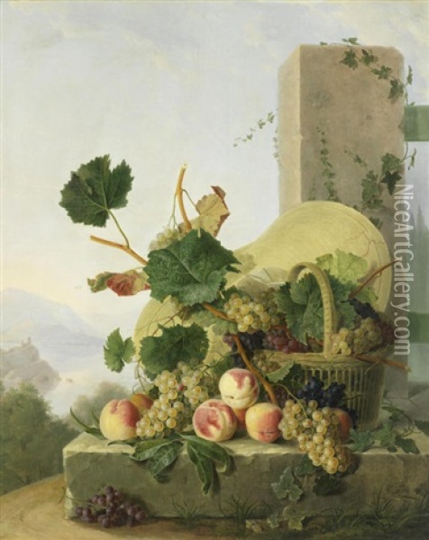 Still Life Of Fruit In A Basket, An Italianate Landscape Beyond Oil Painting - Emmanuel Fries
