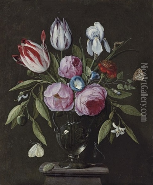 Roses, Tulips, An Iris And Other Flowers, In A Glass Vase On A Stone Plinth, With Butterflies And Other Insects Oil Painting - Jan van Kessel the Elder