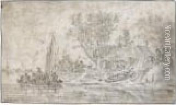 River Landscape With Figures Embarking On A Barge And A Cottage To The Right Oil Painting - Jan van Goyen