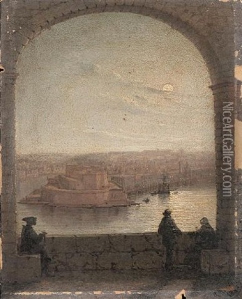 Fort St. Angelo From Valletta, Moonight, Malta Oil Painting - Girolamo Gianni