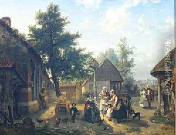 Wandelaars Rond De Hoeve. Oil Painting - Florent Nicolas Crabeels