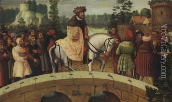 A Nobleman And His Retinue Outside A Town Oil Painting - Lucas Cranach the Elder