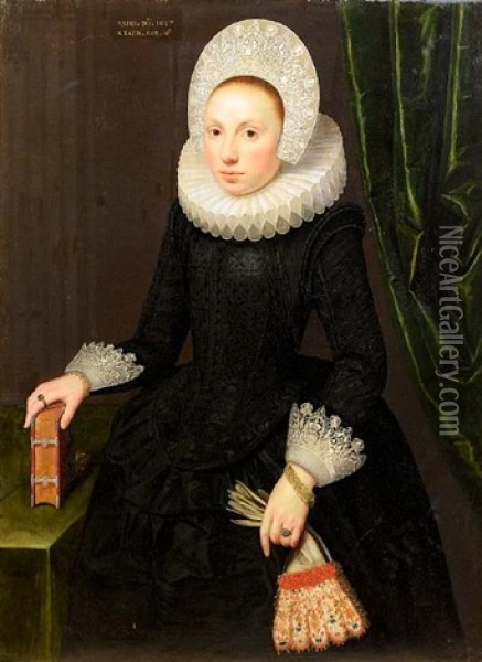 Portrait Of Susan Hoste In Black Costume With A White Ruff And A Lace Cap, Holding Gloves And Standing Before A Green Curtain Oil Painting - Gortzius Geldorp