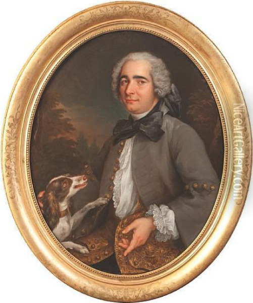 Portrait Of A Gentleman Half 
Length, Wearing Agrey Coat And With His Dog Beside Him, A Landscape 
Beyond Oil Painting - Jean-Baptiste Oudry