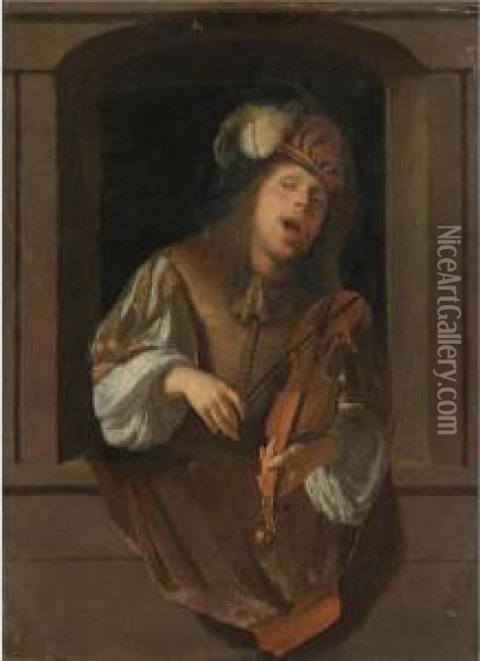 A Singing Violinist, Probably A Self-portrait, Set Within A Niche Oil Painting - Jacob Ochtervelt