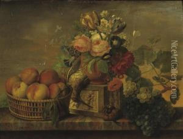 A Still Life With Peaches, Flowers And Grapes On A Ledge Oil Painting - Michel Joseph Speeckaert