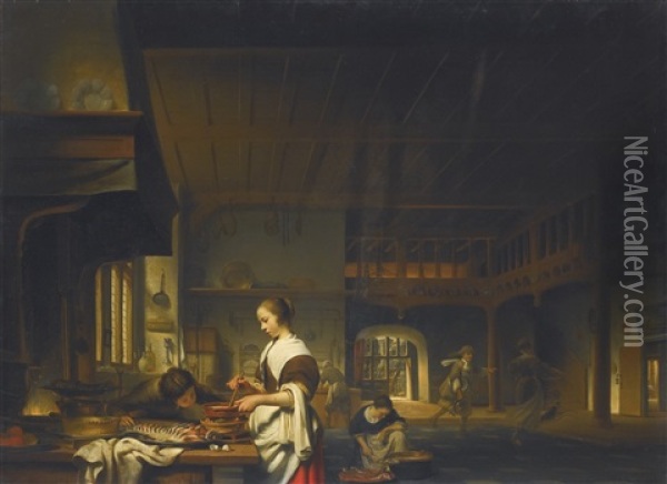 Kitchen Interior With A Woman Cooking And A Boy Blowing Flames Oil Painting - Cornelis Bisschop