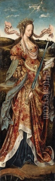 Saint Barbara And Saint Catherine (pair) Oil Painting - Cornelius Engebrechtsz