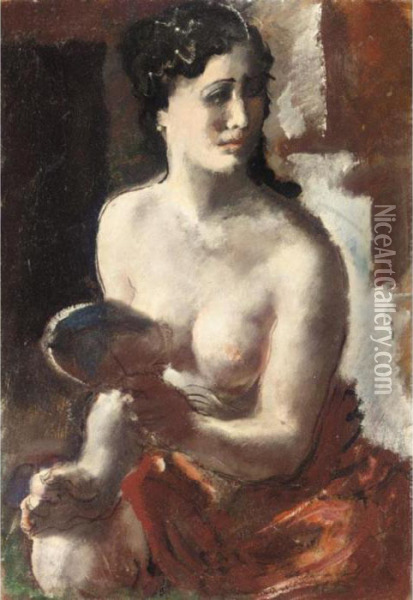 Female Nude With Mirror Oil Painting - Alexander Evgenievich Yakovlev