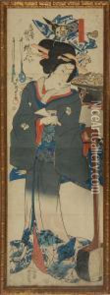 Woman With A Biwa And Otsu-e Background Oil Painting - Kunisada