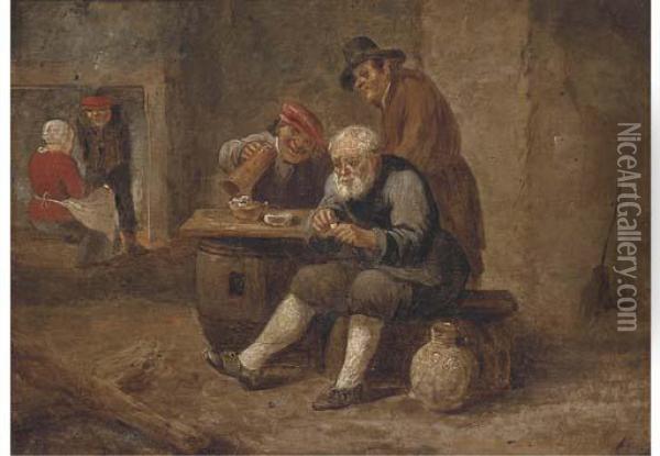 Boors Smoking And Drinking In An Inn Oil Painting - David The Younger Teniers