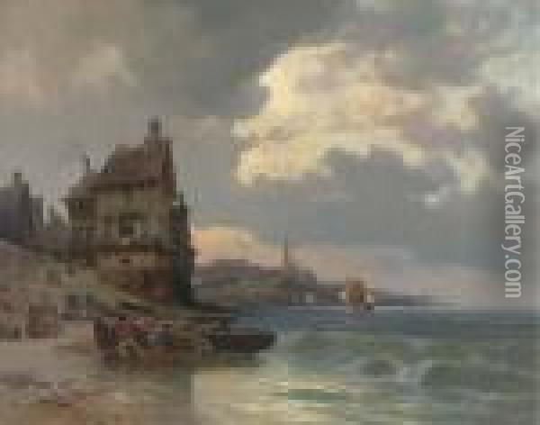 Dragging A Fishing Boat Ashore By A French Port Oil Painting - Charles Euphrasie Kuwasseg