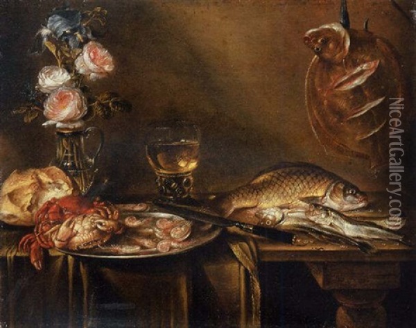 Roses And An Iris In A Glass Vase, Crabs And Prawns On A Pewter Platter, A Bread Roll, A Roemer And Fish On A Partly Draped Table Oil Painting - Alexander Adriaenssen the Elder