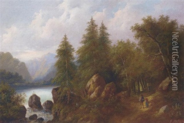 Travellers In A Wooded River Landscape Oil Painting - Eduard Boehm
