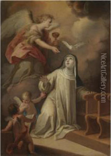 Saint Teresa Of Avila Receiving Holy Communion From An Angel Oil Painting - Mariano Salvador Maella