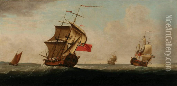 A British Six
Rate Frigate And Other Shipping In Choppy Waters Oil Painting - Francis Holman