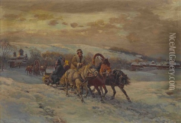 Troika In Russischer Winterlandschaft Oil Painting - Fritz Ritter von Venne