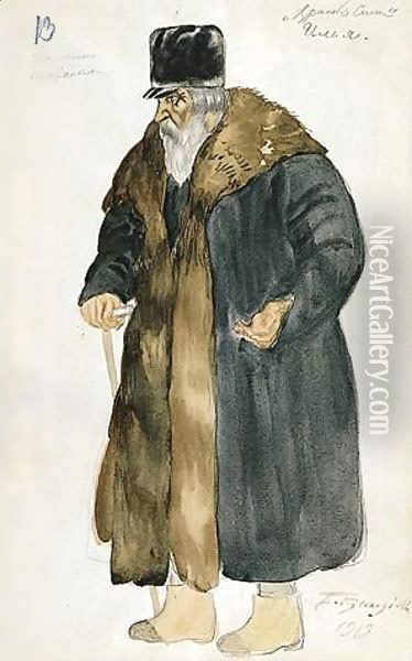 Costume Design For Ilya, An Old Peasant Man With Walking Stick Oil Painting - Boris Kustodiev