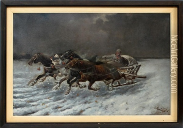 Troika In The Snow Oil Painting - Adolf (Constantin) Baumgartner-Stoiloff