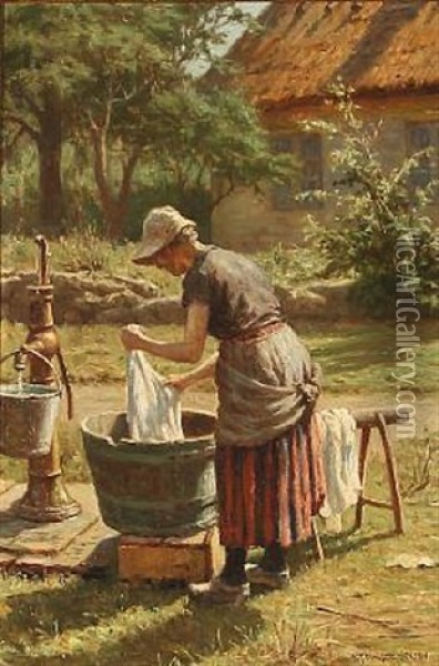 A Woman Washes Clothes In Front Of A Farmhouse Oil Painting - Niels Frederik Schiottz-Jensen