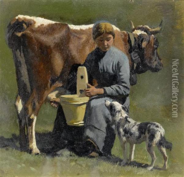 Milk Maid With Dog Oil Painting - Albert Lugardon