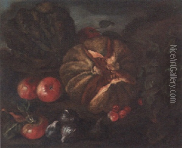 A Melon, Apples, Onions, Cherries And A Cabbage On A Grassy Bank Oil Painting - Giovanni Paolo Castelli (lo Spadino)