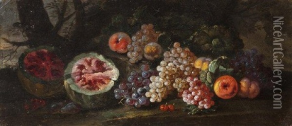 Nature Morte Aux Raisins, Pasteque Et Peches Oil Painting - Giovanni Paolo Castelli (lo Spadino)