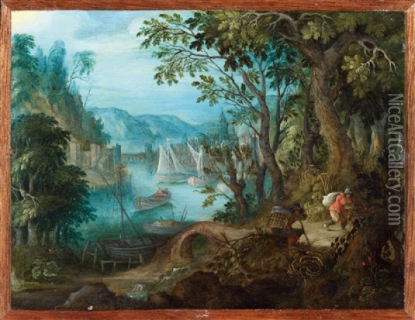 Wald- Und Flusslandschaft Mit Reisigsammlern Oil Painting - Abraham Govaerts