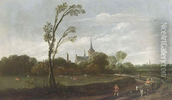 A Wooded Landscape With A Horse-Drawn Cart, A View Of A Village With A Church Tower Beyond Oil Painting - Esaias Van De Velde