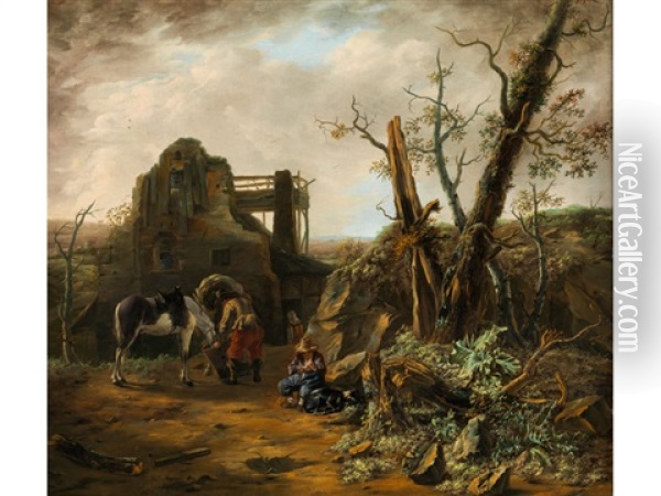 Landschaft Mit Rastenden Pferden Und Einer Verfallenen Hutte Oil Painting - Nicolaes Ficke