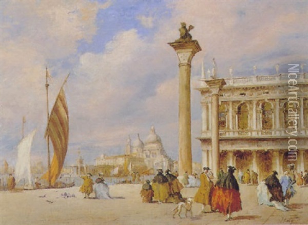 View Of St. Mark's Square, Venice, With Santa Maria Della Salute In The Distance Oil Painting - James Holland