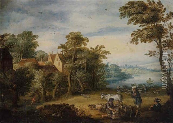 A River Landscape With Shepherds Shearing Sheep In The Foreground Oil Painting - Jasper van der Laanen
