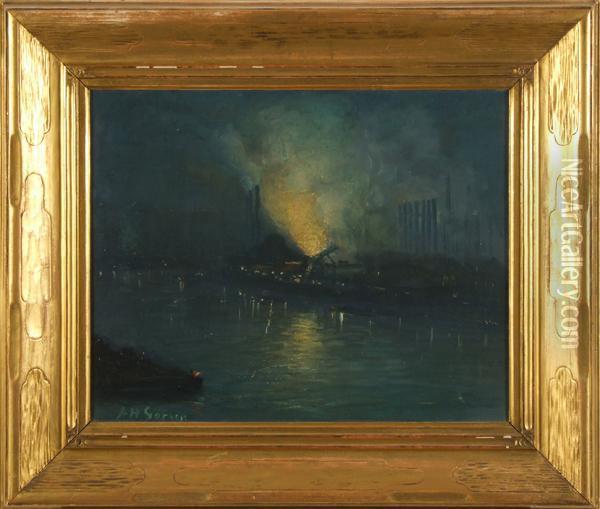 Pittsburgh Steel Mills Atnight Oil Painting - Aaron Harry Gorson