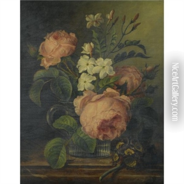 A Still Life With Roses And Narcissi In A Glass Beaker Together With A Sprig Of Primrose On A Marble Ledge Oil Painting - Joseph-Laurent Malaine
