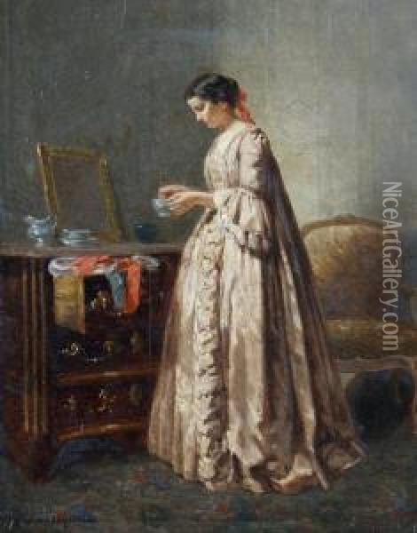 A Lady In A Bedroom Interior Oil Painting - Paul Seignac