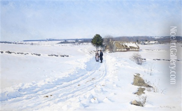 The Meeting, Snow Scene Oil Painting - Sigvard Marius Hansen