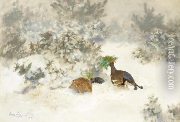Winter Landscape With Black Grouse And Grey Hen Oil Painting - Bruno Andreas Liljefors