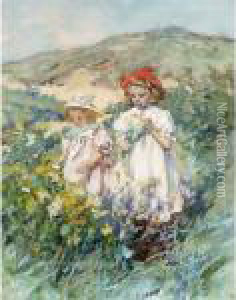 Two Girls Picking Flowers In The Dunes Oil Painting - Johannes Evert Akkeringa