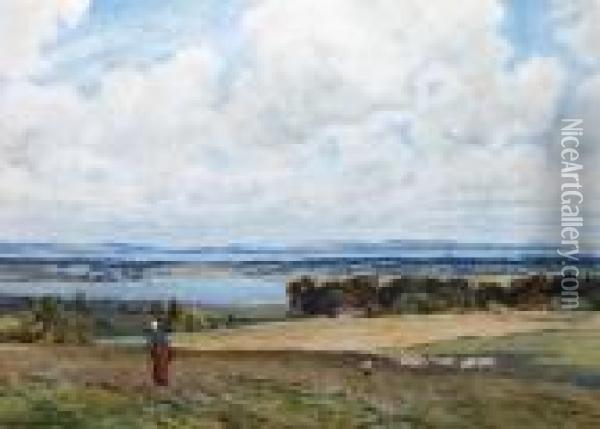 Fareham Creek, The Isle Of Wight
 In Thedistance, A Shepherdess And Sheep To The Foreground Oil Painting - Herbert Hughes Stanton