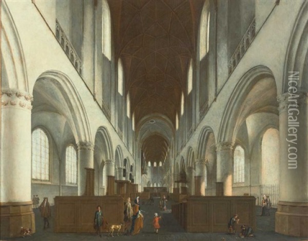Blick In Die Kirche St. Bavo In Haarlem Mit Besuchern Und Hunden Oil Painting - Isaak van Nickelen