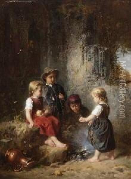 Vier Kinder Am Feuer Oil Painting - Anton Seitz