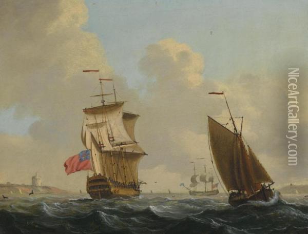 Two British Men Of War And A Fishing Boat Under Sail Off The Coast Oil Painting - Francis Swaine