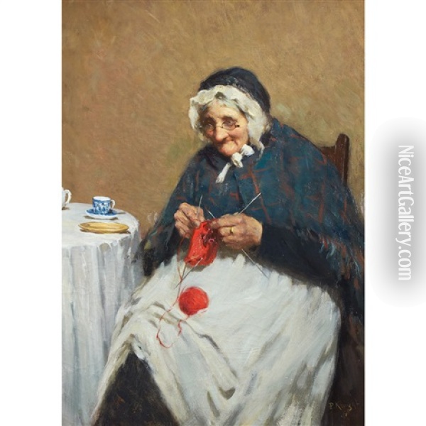 An Old Grandmother Knitting Oil Painting - Paul Knight