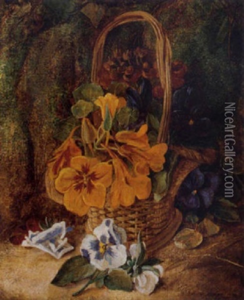 Pansies And Nasturtiums In A Wicker Basket, On A Mossy Bank Oil Painting - Vincent Clare