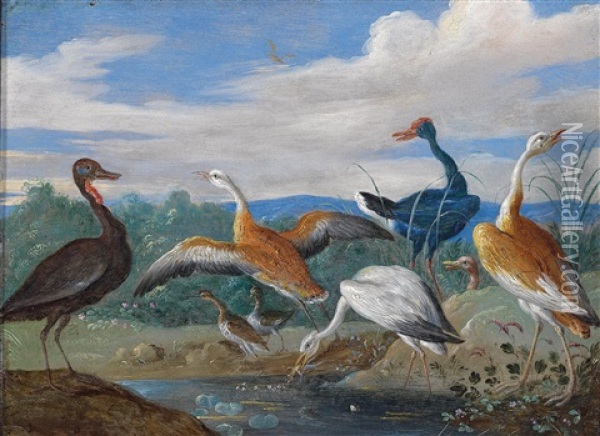 A Landscape With Birds Near A Pool Oil Painting - Jan van Kessel the Elder