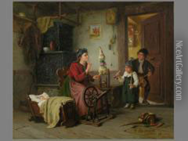 Familieninterieur Mit Frau Am Spinnrad Oil Painting - Hermann Sondermann
