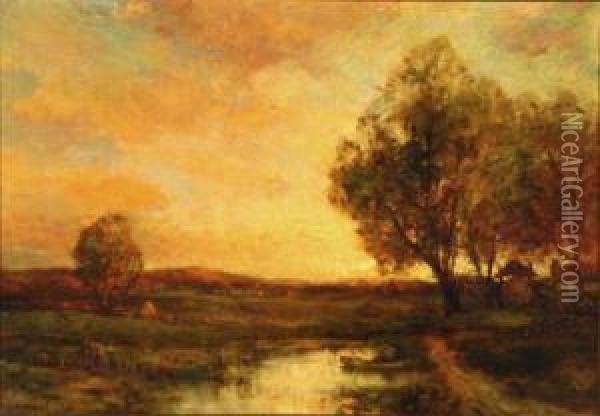 Figure Canoeing In A Landscape, Sunset Oil Painting - Charles P. Appel