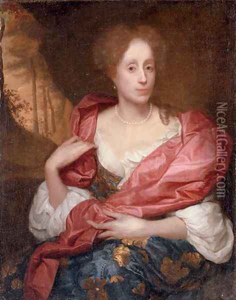 Portrait of a lady, three-quarter-length, in a blue dress with gold embroidery and a red shawl, seated in a landscape Oil Painting - Godfried Schalcken