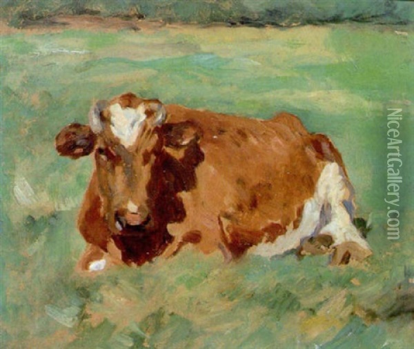 A Resting Cow Oil Painting - Thomas Herbst